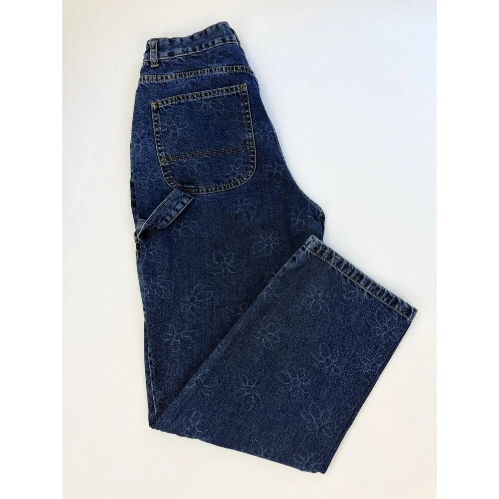 Cotton On Floral Carpenter Jeans Size 8 Blue Wide Leg Cargo Pants High Rise - Picture 5 of 13